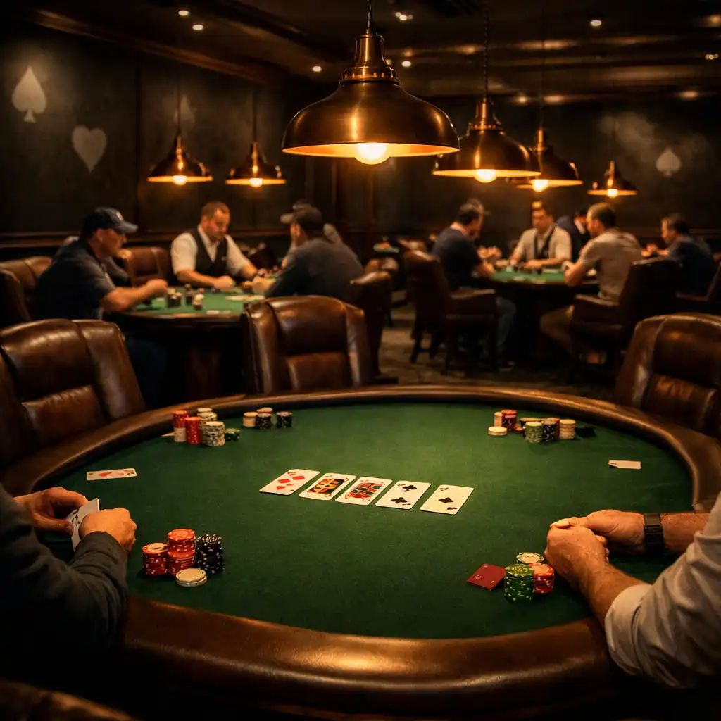 The Card Room with professional poker tables and warm pendant lighting