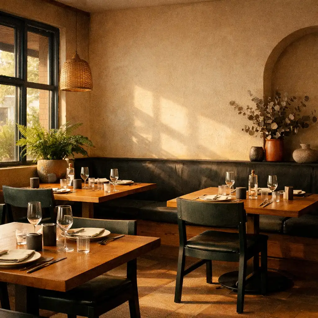Sunlit dining room at The Cinder Parlour with warm sand-toned walls and wooden tables