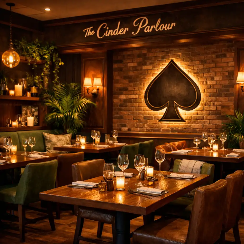 Wide-angle view of the dining room with wooden tables, botanical accents, and natural light through linen curtains