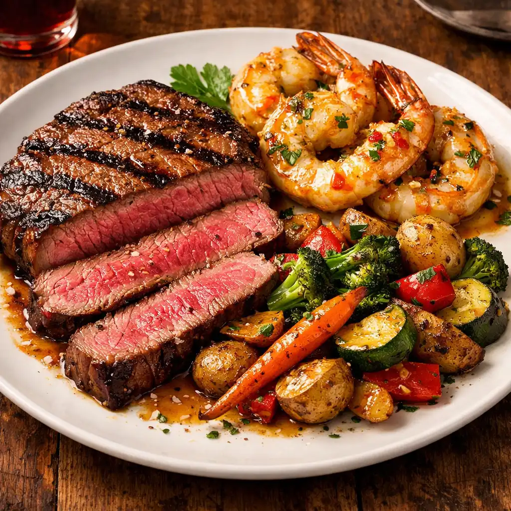 Grilled grass-fed steak sliced to reveal medium-rare interior with garlic prawns and roasted seasonal vegetables