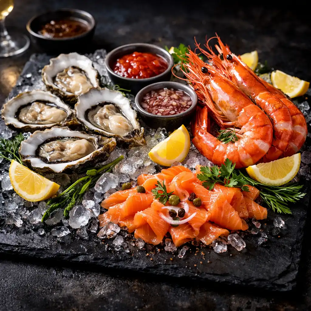 Luxurious seafood platter with oysters, prawns, and smoked salmon on ice with lemon and herbs