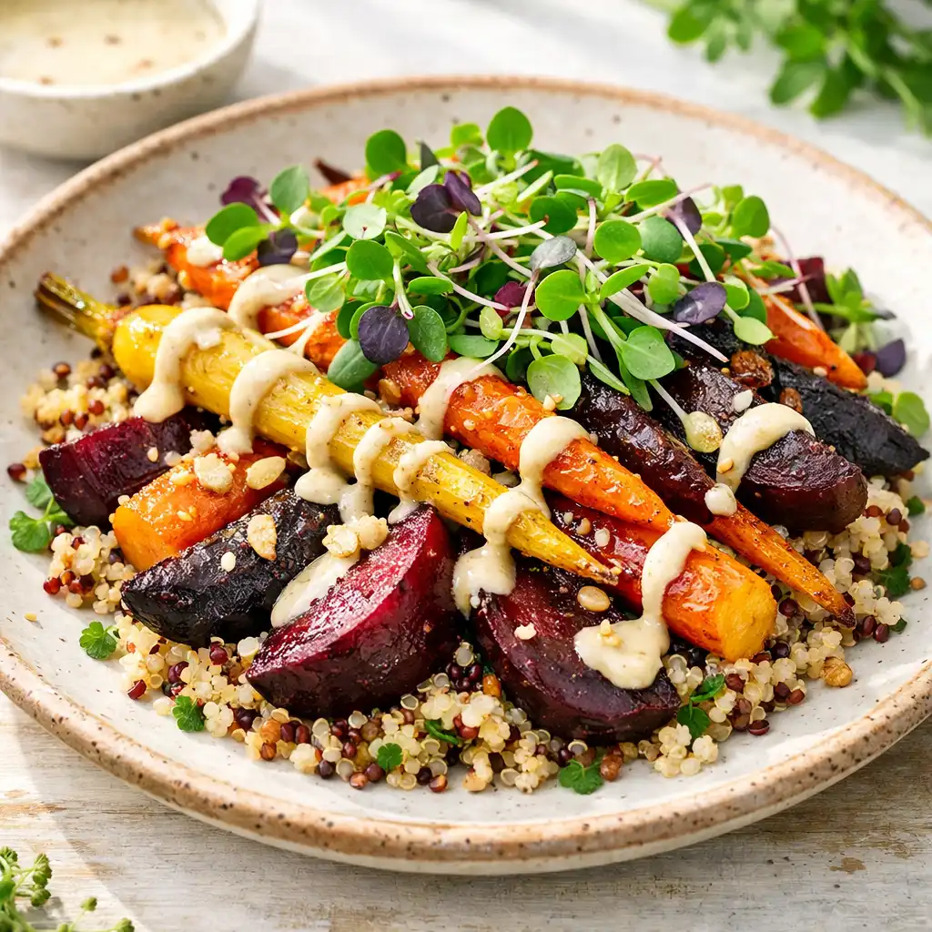 Vibrant vegetarian dish with roasted heirloom carrots, beetroot, and quinoa drizzled with tahini dressing and topped with microgreens