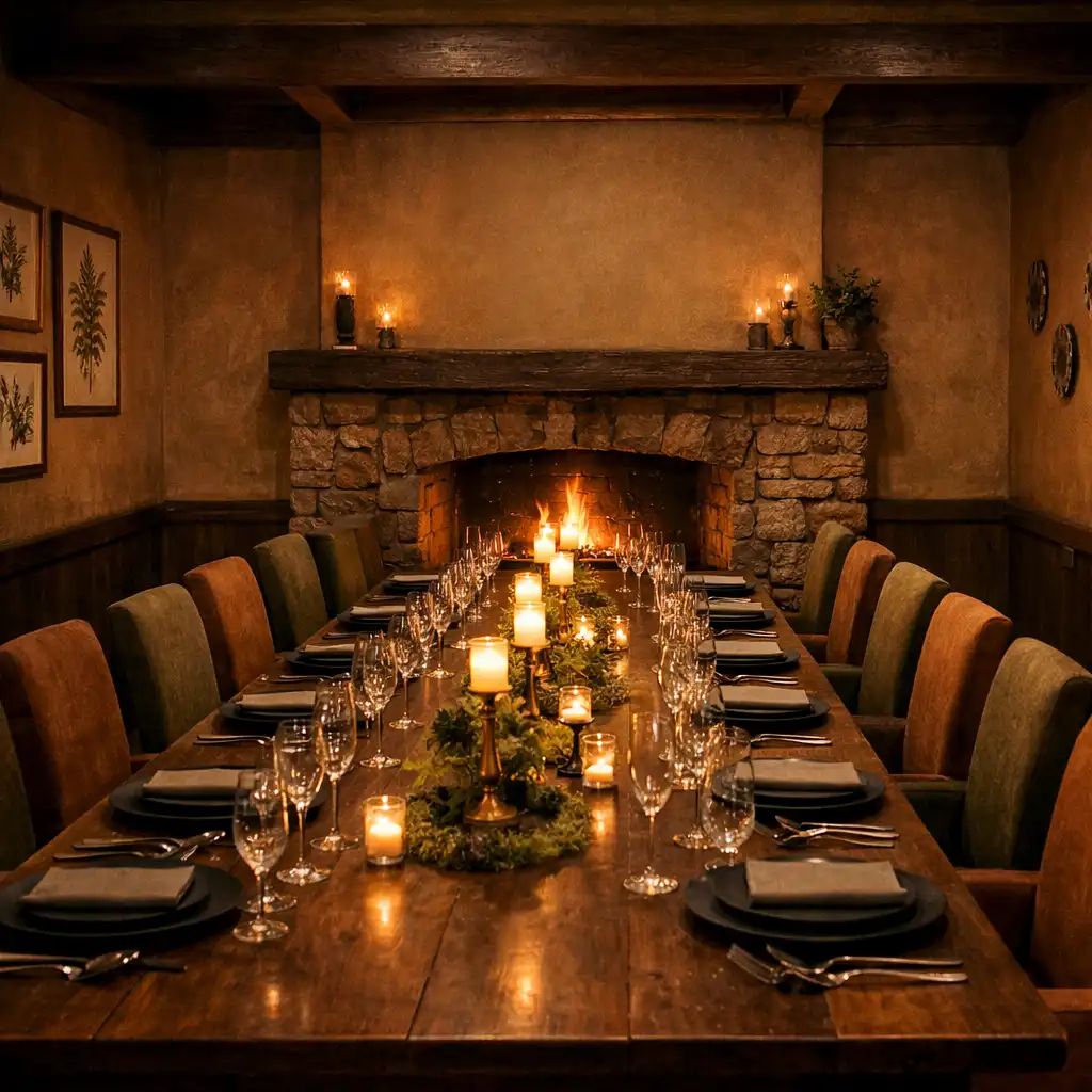 The Ember Room with a long oak table and glowing fireplace