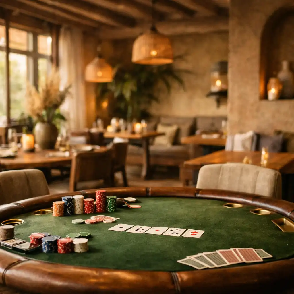 Interior of The Cinder Parlour with a poker table in the foreground and warm natural light