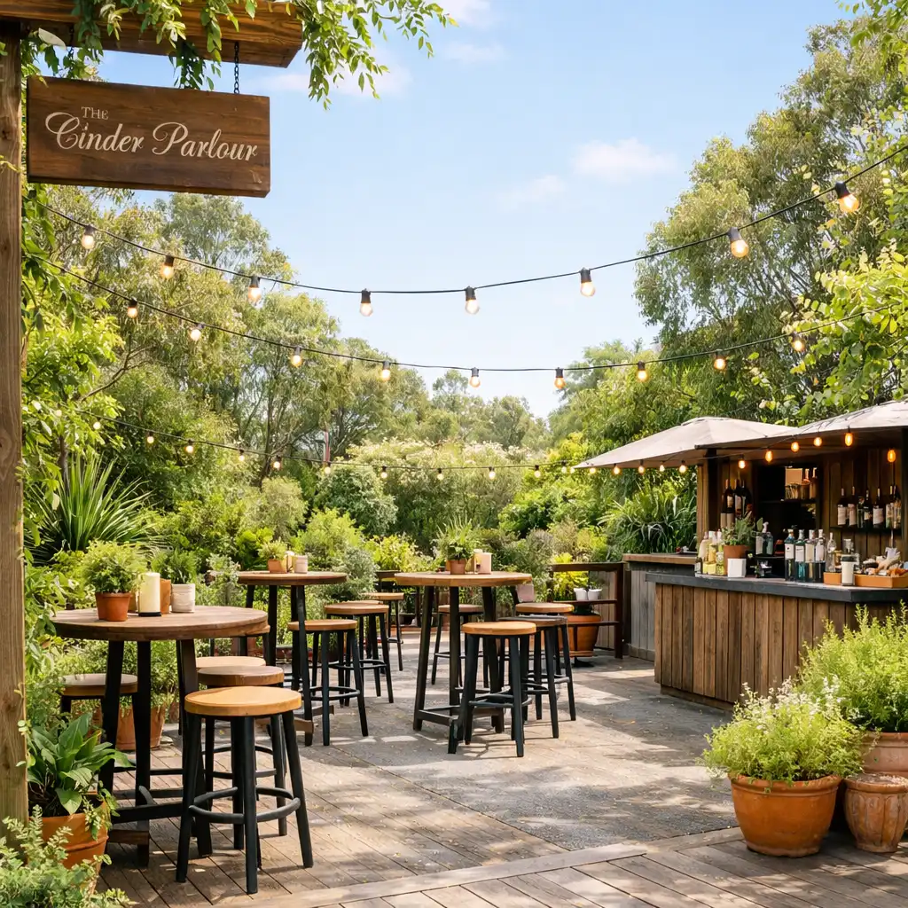 The Garden Terrace surrounded by native greenery with high tables and string lights