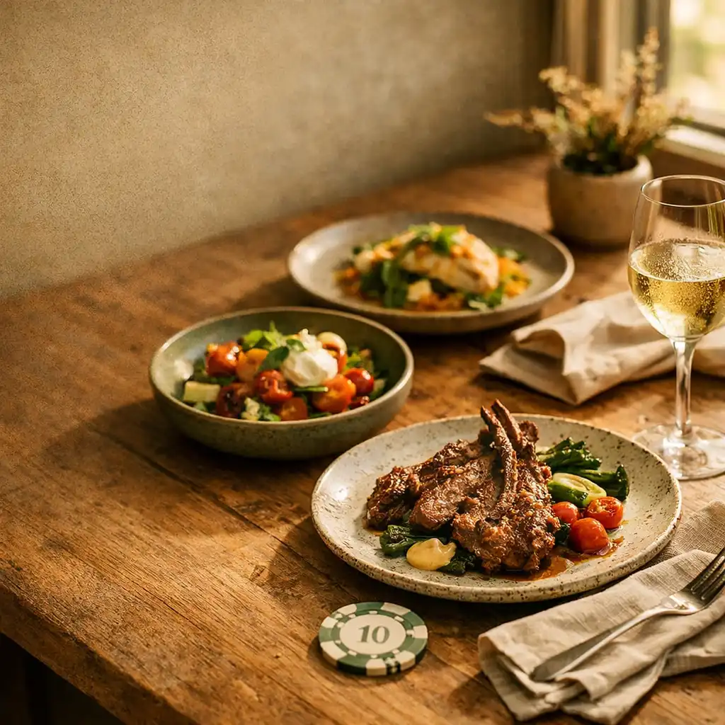 A warm sunlit table setting at The Cinder Parlour with seasonal dishes and a subtle poker chip
