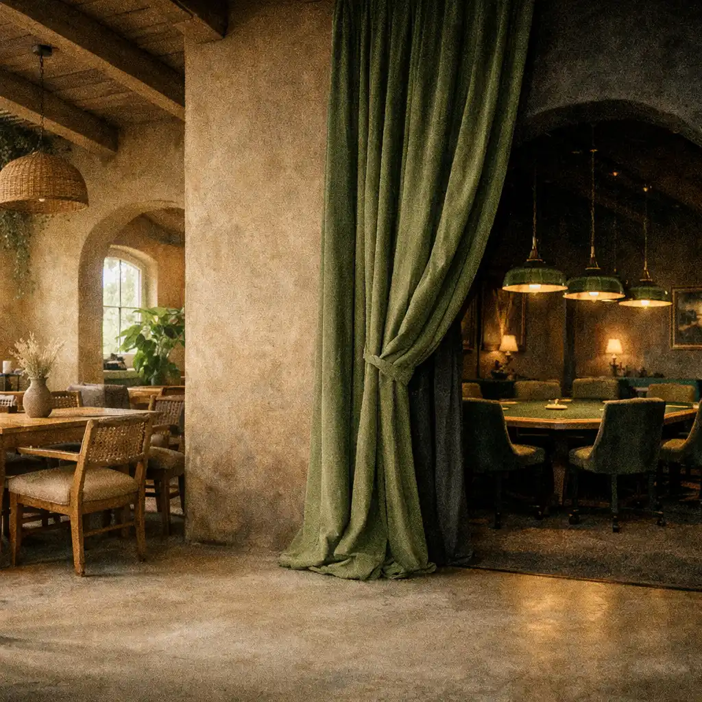 Wide view of The Cinder Parlour interior showing the dining area and a glimpse of the card room through a moss curtain