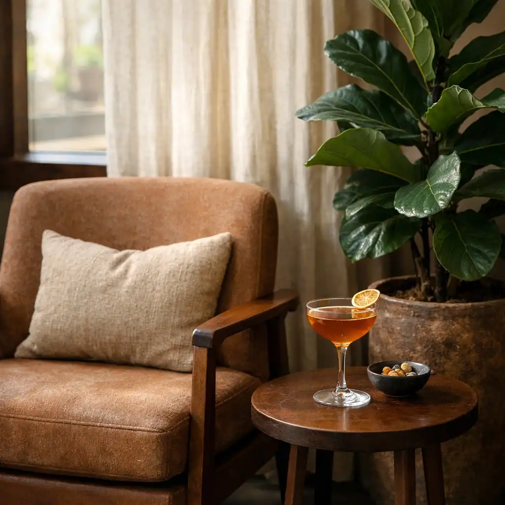 Cozy lounge corner with an armchair, side table, and potted plant in soft natural light