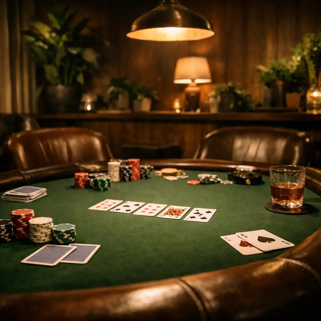 The Cinder Parlour card room with a green felt poker table, leather chairs, and warm overhead lighting