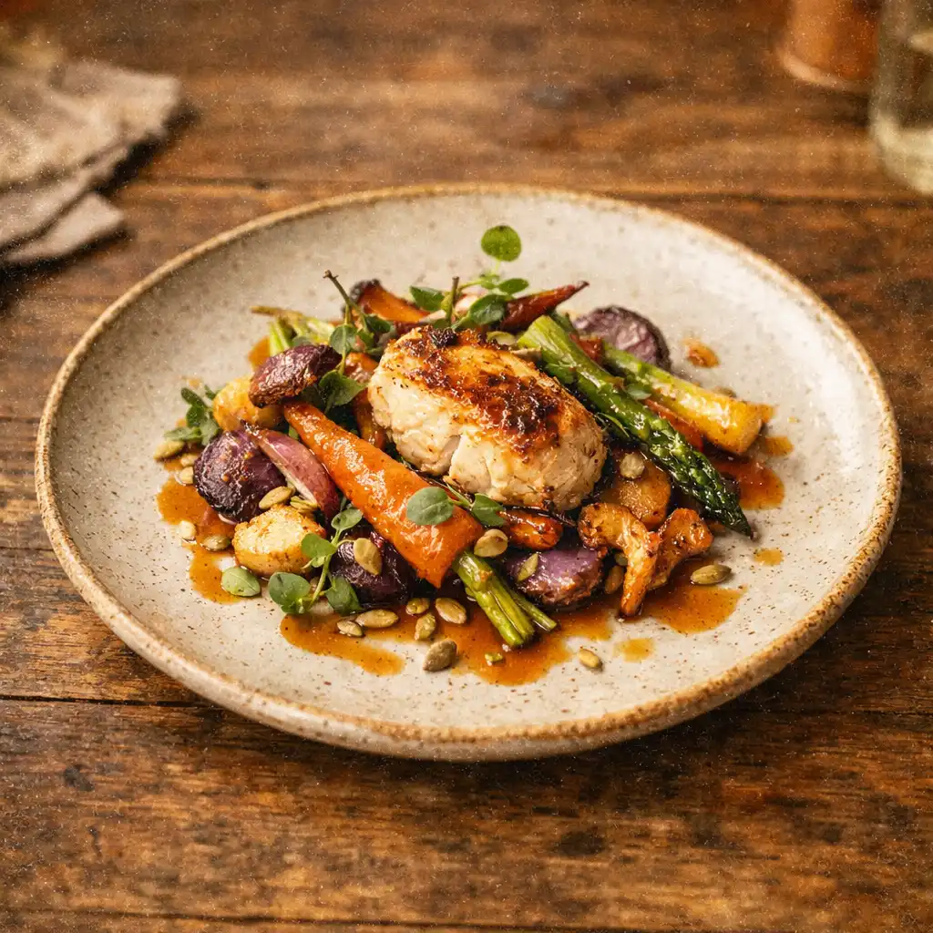 A beautifully plated seasonal dish with roasted vegetables and herbs on a rustic wooden table