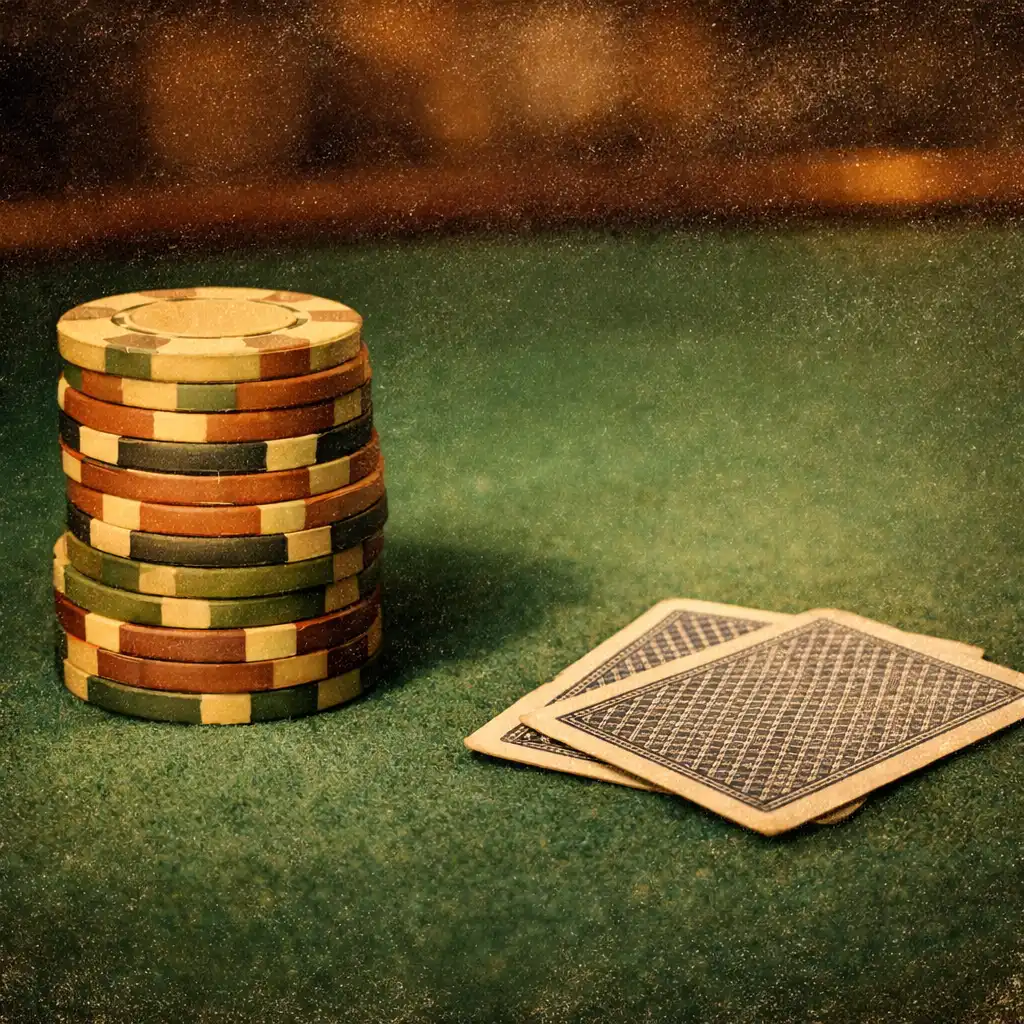 Close-up of custom clay poker chips and playing cards on a deep green felt table