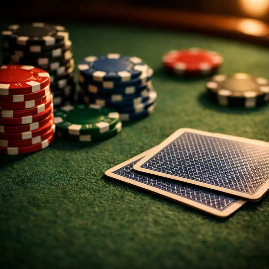 Textured poker table surface with clay chips and playing cards face down under warm light