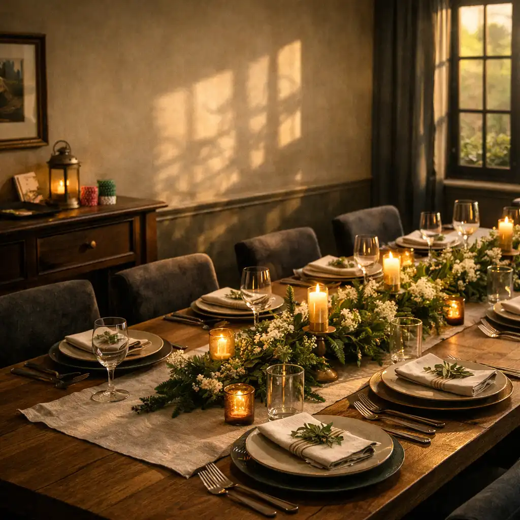 A warm private dining table set with natural linen and botanical centrepieces at The Cinder Parlour