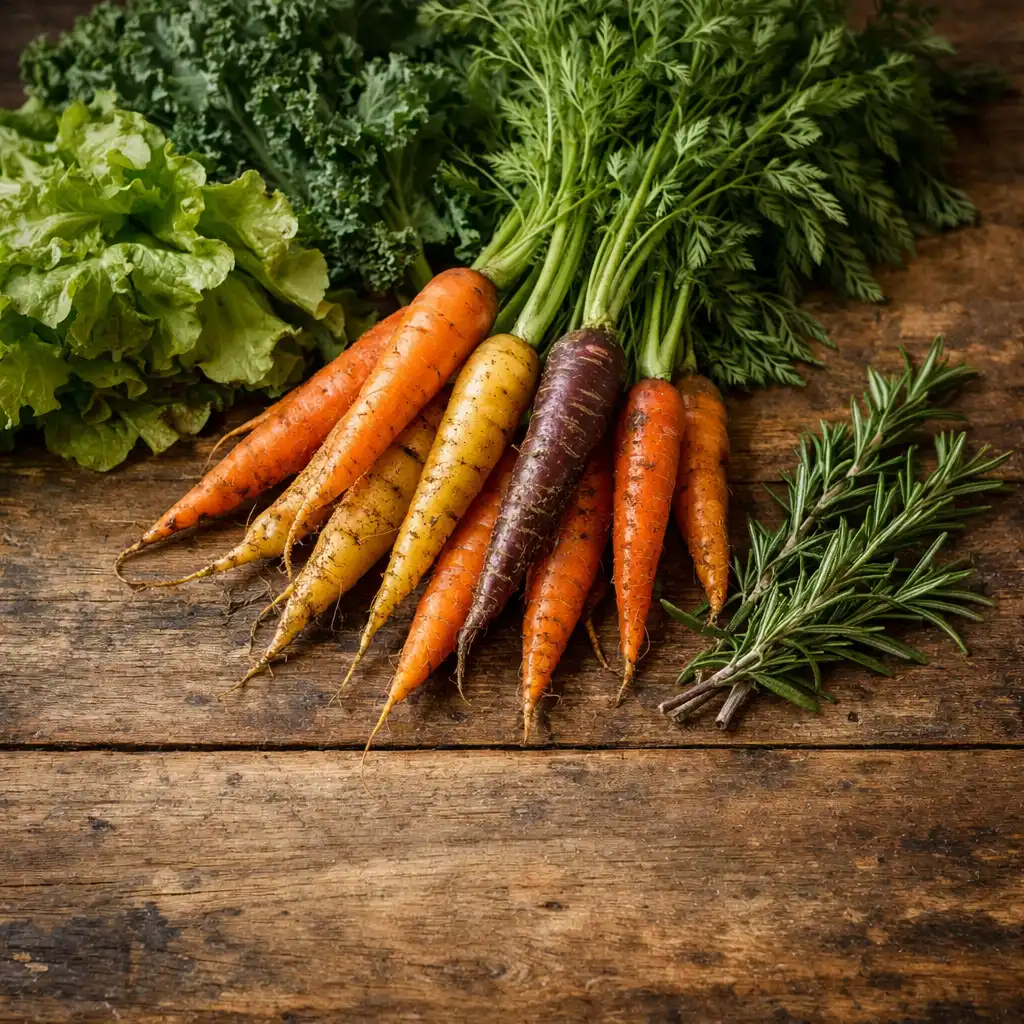 Fresh seasonal produce and herbs on a rustic wooden table