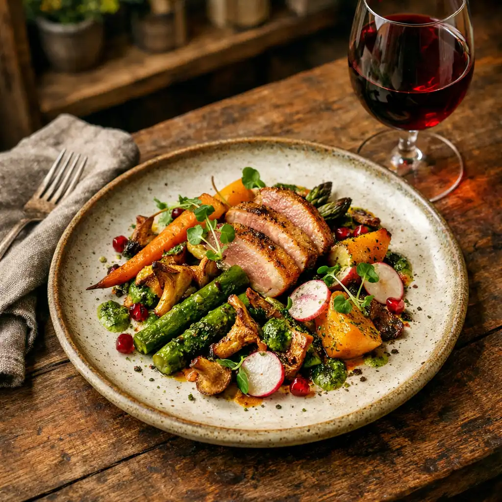 A beautifully plated seasonal dish on a rustic wooden table with a glass of red wine