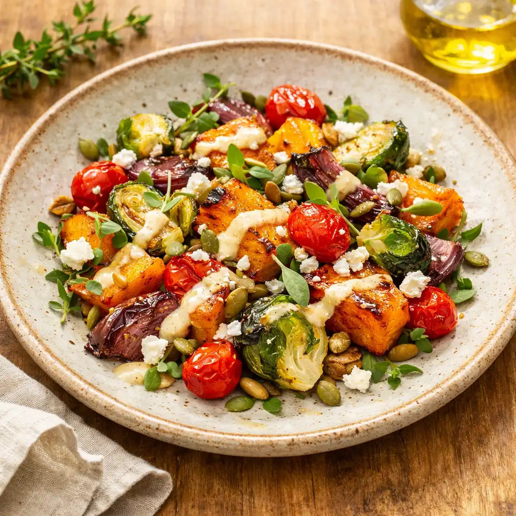 Sunlit seasonal dish with roasted vegetables on a textured ceramic plate, fresh herbs, and a linen napkin