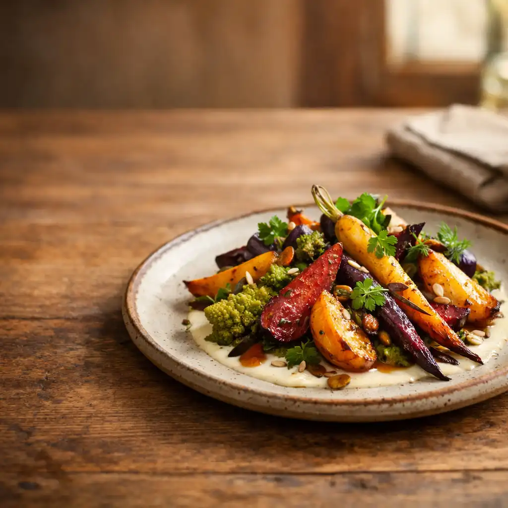 A beautifully plated seasonal dish with roasted heirloom vegetables and fresh herbs on a rustic ceramic plate