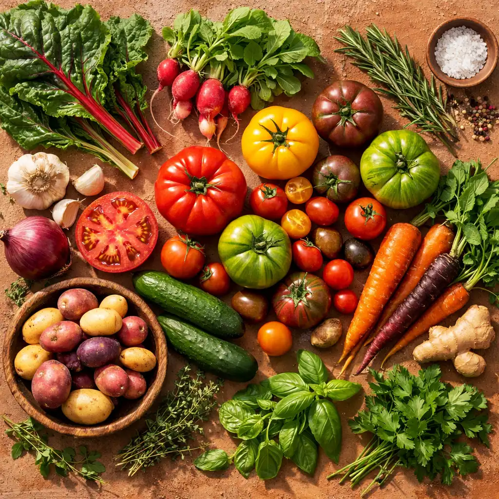 Flat lay of fresh seasonal ingredients including heirloom tomatoes, leafy greens, root vegetables, and herbs on a textured clay surface